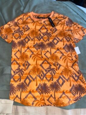 Mens Orange Tropical Palm Print Shirt - TOGA